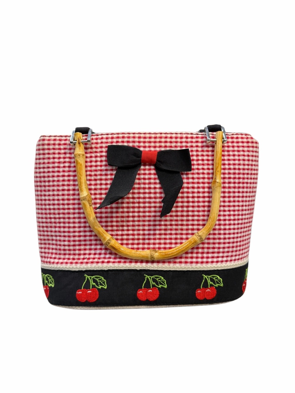 Vintage Red Gingham Cherry Tote with Black Bow and Bamboo Handles